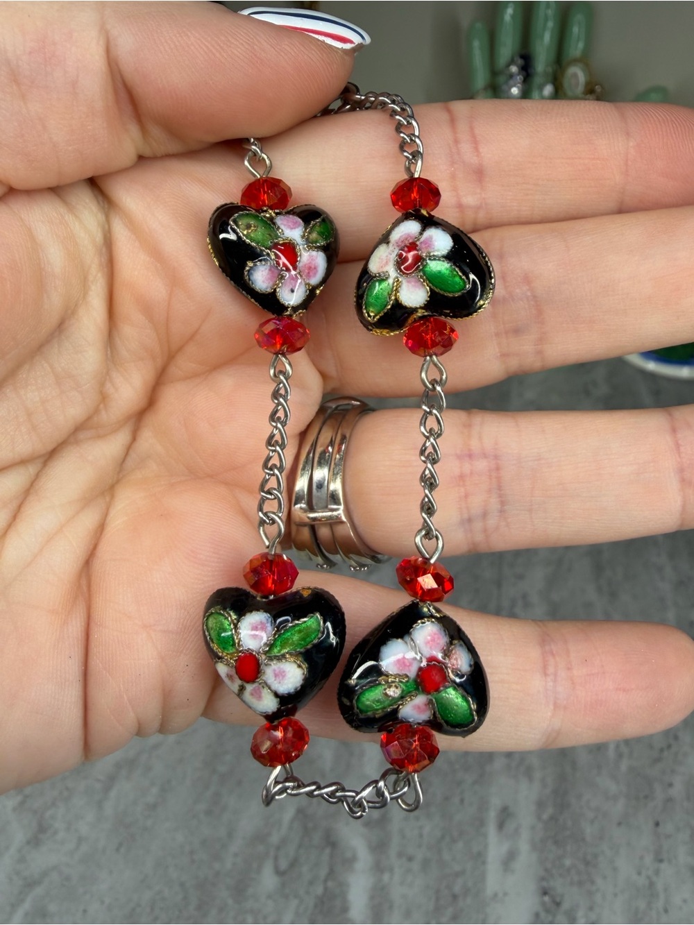 Cloisonné Bracelet Heart Floral Beaded Jewelry Flower Silver Tone Enamel